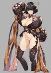  1girl ? arm_behind_head arm_up armor black_armor black_hair black_ribbon black_thighhighs bob_cut bow bright_pupils brown_eyes character_request closed_mouth commission final_fantasy final_fantasy_brave_exvius grey_background hamama2 hatching_(texture) highres navel orange_bow orange_ribbon pussy ribbon short_hair simple_background skeb_commission skindentation sleeves_past_wrists smile solo thighhighs war_of_the_visions:_final_fantasy_brave_exvius white_pupils 