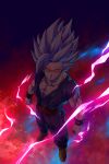  1boy absurdres cell_max clenched_hand closed_mouth dougi dragon_ball dragon_ball_super dragon_ball_super_super_hero electricity glowing glowing_eyes gohan_beast highres looking_at_viewer male_focus muscular muscular_male papita_pochi red_eyes short_hair simple_background solo son_gohan spiked_hair spoilers super_saiyan white_hair wristband 