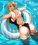  1girl ass back bare_shoulders black_eyes blonde_hair blush breasts competition_swimsuit cynthia_(pokemon) floating hair_bun highleg innertube long_hair one-piece_swimsuit pokemon pokemon_(game) pokemon_dppt sideboob single_hair_bun smile solo swimsuit volyz wet 