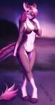  2022 absurd_res anthro bra breasts cleavage clothed clothing curvy_figure dragon female fur hi_res island kunstwaffe multicolored_body multicolored_fur panties sand scalie sea smile solo underwear water western_dragon wingless_dragon 