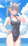  1girl absurdres animal_ear_fluff animal_ears bangs black_one-piece_swimsuit blue_archive blue_eyes blue_sky breasts clothes_pull cloud competition_swimsuit covered_navel cowboy_shot cross_hair_ornament day extra_ears grey_hair hair_ornament halo highres kyujuukyu low_ponytail medium_breasts medium_hair mismatched_pupils multicolored_clothes multicolored_swimsuit one-piece_swimsuit outdoors shiroko_(blue_archive) shiroko_(swimsuit)_(blue_archive) sky solo swimsuit swimsuit_pull 