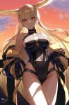  1girl absurdres bangs black_gloves black_jacket black_one-piece_swimsuit blonde_hair breasts choker cleavage cleavage_cutout clothing_cutout dolce_(dolsuke) fate/grand_order fate_(series) gloves gradient_sky head_wings highleg highleg_swimsuit highres hood hooded_jacket jacket large_breasts long_hair long_sleeves looking_at_viewer off_shoulder one-piece_swimsuit open_clothes open_jacket orange_sky red_eyes sidelocks sky smile solo swimsuit thighs thrud_(fate) thrud_(swimsuit_assassin)_(fate) twilight valkyrie_(fate) 