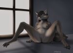  anthro arnius blue_eyes breasts brown_hair canid canine canis dark_room female genitals hair hi_res inside mammal pussy sitting_on_ground slight_smile solo spread_legs spreading window wolf 