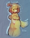  animal_crossing anthro breasts canid canine canis domestic_dog female fur genitals hair isabelle_(animal_crossing) mammal nintendo nude panken ponytail pussy side_ponytail solo standing video_games yellow_body yellow_fur 