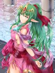  1girl alternate_costume breasts crown dress expressionless fire_emblem fire_emblem_heroes green_eyes green_hair highres jewelry kei_(asufend) large_breasts looking_at_viewer necklace pink_dress pointy_ears ponytail red_sash sash sideboob sidelocks tiki_(fire_emblem) water 