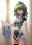  12_t 1girl android bangs blurry blurry_background cable clothes_removed cowboy_shot glowing green_eyes green_hair hair_between_eyes highres holding holding_clothes light_particles looking_at_viewer maid_headdress medium_hair no_pussy nude ruukoto solo standing tagme touhou touhou_(pc-98) 