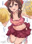  1girl artist_name blush breasts brown_eyes brown_hair cheering cheerleader clothes_writing collarbone drill_hair hair_between_eyes hair_ribbon harukaze_(kancolle) highres holding holding_pom_poms kantai_collection mizuta_kenji one-hour_drawing_challenge open_mouth pleated_skirt pom_pom_(cheerleading) red_ribbon red_skirt ribbon shoes short_hair signature simple_background skirt small_breasts smile sneakers socks solo speech_bubble translation_request twin_drills twitter_username white_background white_socks 