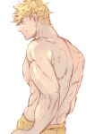  1boy bara blonde_hair granblue_fantasy green_eyes large_pectorals male_focus male_swimwear muscular muscular_male nipples official_alternate_costume pectorals short_hair simple_background smile solo teeth vane_(granblue_fantasy) vane_(summer)_(granblue_fantasy) white_background yellow_male_swimwear 