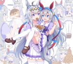  2girls :d :t absurdres ahoge anger_vein animal_ears bangs black_shorts blue_bow blue_eyes blue_hairband blue_shirt blush bow brown_footwear carrying closed_eyes closed_mouth commentary_request eating fang food food_in_mouth frilled_skirt frills grey_hair hair_between_eyes hairband heart highres horse_ears horse_girl horse_tail kaoling long_hair mouth_hold multicolored_hair multiple_girls nibbling object_hug oguri_cap_(umamusume) open_mouth palms_together plate pleated_skirt princess_carry puffy_short_sleeves puffy_sleeves red_hairband school_uniform shirt shoes short_shorts short_sleeves shorts shorts_under_skirt sitting skirt smile spoken_heart stuffed_toy tail takoyaki tamamo_cross_(umamusume) thighhighs thumbs_up tracen_school_uniform two-tone_hair umamusume v-shaped_eyebrows very_long_hair wavy_mouth white_skirt white_thighhighs 