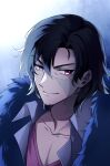  1boy black_hair blue_coat coat eiyuu_densetsu ellroy_harwood fur_coat highres kuro_no_kiseki light medium_hair mulberry804 pink_eyes popped_collar red_shirt scar scar_on_cheek scar_on_face scar_on_forehead shirt slit_pupils smile 