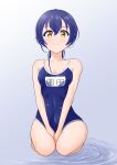  1girl absurdres bangs between_legs blue_hair blue_one-piece_swimsuit blush closed_mouth full_body hair_between_eyes hand_between_legs highres long_hair looking_at_viewer love_live! love_live!_school_idol_project name_tag one-piece_swimsuit school_swimsuit seiza simple_background sitting smile solo sonoda_umi swept_bangs swimsuit v_arms yellow_eyes 