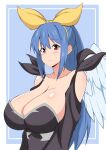 1girl alternate_breast_size angel_wings bangs bare_shoulders black_dress blue_background blue_hair blush border bow breasts cleavage closed_mouth collarbone detached_sleeves dizzy_(guilty_gear) dress fuuma_(bangolga1) guilty_gear guilty_gear_2 hair_between_eyes hair_bow huge_breasts long_hair looking_at_viewer mature_female monster_girl ponytail red_eyes sidelocks single_wing white_border wings yellow_bow 