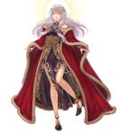  1girl absurdres bangs bare_legs bare_shoulders black_dress black_gloves bracelet bridal_gauntlets cape circlet coat commission dress elbow_gloves fire_emblem fire_emblem:_radiant_dawn fire_emblem_cipher fire_emblem_heroes fur-trimmed_coat fur_trim gloves grey_hair half_updo hazuki_(nyorosuke) highres jewelry long_dress long_hair micaiah_(fire_emblem) official_alternate_costume pelvic_curtain red_cape red_coat side_slit simple_background skeb_commission sleeveless sleeveless_dress smile solo turtleneck_dress white_background yellow_eyes 