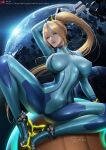  1girl artist_name bangs blonde_hair blue_eyes bodysuit breasts commentary_request covered_navel energy_gun high_ponytail holding holding_weapon lips long_hair looking_at_viewer medium_breasts metroid metroid_dread mole mole_under_mouth neon_trim paralyzer parted_lips planet ponytail sade_abyss samus_aran shiny shiny_clothes shiny_hair signature simple_background sitting skin_tight solo space weapon zero_suit 