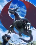  bagon claws closed_mouth cloud commentary_request day dragon falling_leaves fangs grass highres leaf no_humans outdoors penta_oekaki pokemon pokemon_(creature) salamence signature sky 