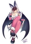  1girl animal_costume animal_ear_fluff animal_ears bat_wings bow bowtie breasts brown_eyes brown_hair brown_long-eared_bat_(kemono_friends) fingerless_gloves gloves grey_hair highres kemono_friends kemono_friends_v_project large_breasts long_hair looking_at_viewer multicolored_hair pantyhose sakuragi_rian shoes simple_background skirt smile solo virtual_youtuber white_background wings 