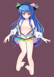  bad_id bad_pixiv_id barefoot blue_hair censored collarbone flat_chest food fruit hat hinanawi_tenshi long_hair nipples no_bra no_panties open_clothes open_shirt peach pussy red_eyes shirt soles solo toes touhou yako 