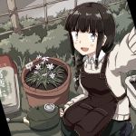  1girl alternate_costume any_(lucky_denver_mint) apron bangs beige_sweater black_hair blunt_bangs braid brown_apron bush commentary_request fence green_pants highres kantai_collection kitakami_(kantai_collection) long_hair looking_at_viewer open_mouth pants plant self_shot sidelocks single_braid smile solo squatting watering_can 
