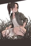  amasawa_yuuko brown_eyes brown_hair dennou_coil grass jacket lowres non-web_source panties panty_pull pee peeing solo squatting twintails underwear white_panties 