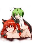  animal_ears antennae blush braid breast_press breasts cape cat_ears clenched_teeth closed_eyes commentary_request doggystyle futa_with_female futanari green_eyes green_hair implied_futanari kaenbyou_rin large_breasts multiple_girls nude pandain parted_lips red_eyes red_hair sex short_hair simple_background smile tears teeth touhou twin_braids twintails wavy_mouth white_background wriggle_nightbug 