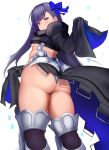  1girl armor armored_boots ass black_coat blue_eyes boots commentary_request cowboy_shot crotch_plate fate/extra fate/extra_ccc fate_(series) from_behind hair_ribbon highleg highleg_panties highres jirusu juliet_sleeves long_hair long_sleeves meltlilith midriff panties puffy_sleeves purple_hair ribbon sleeves_past_wrists solo underwear very_long_hair 