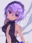  1girl bangs bare_arms bare_shoulders black_hairband blush breasts breasts_apart center_opening collarbone commentary_request dark_skin fate/grand_order fate_(series) flower grey_background hair_between_eyes hairband hassan_of_serenity_(fate) konno_kengo looking_at_viewer medium_breasts navel parted_lips purple_eyes purple_hair revealing_clothes short_hair sidelocks solo standing stomach upper_body white_flower 
