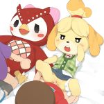  2019 animal_crossing anthro avian beak bird blush bottomless canid canine canis celeste_(animal_crossing) clothed clothed_sex clothing cum cum_in_pussy cum_inside domestic_dog female fur group group_sex hair hair_ribbon half-closed_eyes hi_res human human_on_anthro interspecies isabelle_(animal_crossing) lying male male/female mammal missionary_position nintendo on_back open_mouth owl panties panties_around_one_leg penetration penis pussy ribbons sex shih_tzu simple_background spread_legs spreading tears underwear underwear_around_one_leg vaginal vaginal_penetration video_games villager_(animal_crossing) yellow_fur youjomodoki 