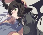  1girl akira_(coffee_curry) black_hair black_rock_shooter censored cum cum_in_mouth dark_penis dead_master fellatio green_eyes hand_on_another's_head hetero horns md5_mismatch mosaic_censoring oral penis petite solo_focus tongue 