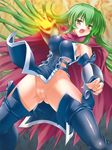  aruka_schild attack boots breasts cape covered_nipples fire green_hair large_breasts long_hair motonaga_hiroya needless no_panties open_mouth pussy solo thigh_boots thighhighs uncensored very_long_hair yellow_eyes 