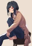  1girl bangs barefoot black_hair blue_pants blush braid brown_coat coat commentary_request eyebrows_visible_through_hair hair_over_shoulder long_hair long_sleeves looking_at_viewer open_clothes open_coat original pants peroncho red_eyes ribbed_sweater single_braid solo sweater turtleneck turtleneck_sweater white_sweater 