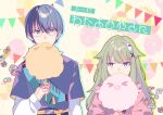  1boy 1girl aoyagi_touya blue_eyes blue_hair blue_shirt bunny_hair_ornament commentary_request cotton_candy eye_contact fanny_pack food foodification glasses green_hair hair_flaps hair_ornament highres holding holding_food jacket jewelry kusanagi_nene layered_sleeves long_hair long_sleeves looking_at_another mole mole_under_eye multicolored_hair multiple_rings ootori_emu pink_jacket project_sekai purple_eyes ring shinonome_akito shinonome_neko-tarou shirt short_over_long_sleeves short_sleeves sidelocks split-color_hair translation_request upper_body x_hair_ornament 