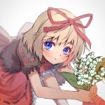  1girl :/ blonde_hair blue_eyes blurry blurry_background blurry_foreground depth_of_field feet_out_of_frame flower from_above hair_ribbon holding holding_flower knees_to_chest lily_of_the_valley looking_at_viewer medicine_melancholy ribbon shiroi_karasu sitting touhou white_flower 