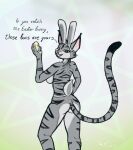  2020 absurd_res anthro bedroom_eyes bethesda_softworks bunny_costume clothing costume ear_tuft easter_egg egg fake_ears fake_rabbit_ears felid female fur fur_markings fur_pattern grey_body grey_fur hi_res khajiit ma&#039;ara mammal markings monotone_body monotone_fur mostly_nude multicolored_body narrowed_eyes painted_eggs seductive simple_background solo solo_focus tabbycatface text the_elder_scrolls tuft two_tone_body video_games white_body white_fur 