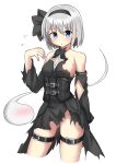  1girl alternate_costume bare_shoulders black_dress black_hairband blue_eyes blush closed_mouth clothing_cutout cosplay cowboy_shot detached_sleeves dress ghost grey_hair hairband highres konjiki_no_yami konjiki_no_yami_(cosplay) konpaku_youmu konpaku_youmu_(ghost) looking_at_viewer short_hair simple_background solo standing thigh_strap to_love-ru touhou white_background youmu-kun 