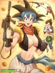  2boys 2girls :d black_hair blue_eyes blue_hair blue_sash boots breasts bulma cleavage dougi dragon_ball dragon_ball_(object) dragon_ball_super dragon_radar fortnite fusion fusion_dance gloves gradient_hair gun hands_on_own_face highres holding holding_gun holding_weapon jammeryx large_breasts metamoran_vest multicolored_hair multiple_boys multiple_girls muscular muscular_female navel no_bra pants sash smile son_goku spiked_hair surprised v-shaped_eyebrows vegeta weapon white_footwear white_gloves white_pants 