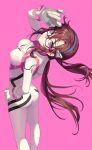  1girl :3 ass blue_eyes bodysuit breasts brown_hair evangelion:_3.0+1.0_thrice_upon_a_time glasses highres makinami_mari_illustrious neon_genesis_evangelion pilot_suit pink_background plugsuit purpleneak rebuild_of_evangelion simple_background solo standing white_bodysuit 