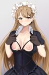  1girl absurdres black_gloves blush breasts breasts_out brown_eyes collarbone earrings frilled_hairband frills girls&#039;_frontline girls_und_panzer gloves hairband highres jewelry light_brown_hair long_hair medium_breasts nipples ppk_(girls&#039;_frontline) puffy_short_sleeves puffy_sleeves scourer_14 short_sleeves solo very_long_hair 