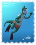  clothing denver denver_the_last_dinosaur dinosaur diving_mask flippers hi_res male mask reptile sagadreams scalie scuba solo speedo swimwear 