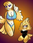  anthro avian big_breasts bird breasts clothing fan_character feathers female hi_res humanoid justahoot lingerie owl purple_eyes shaded simple_background solo underwear yellow_body 