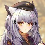  1girl arknights bangs black_headwear blurry blurry_background blush bright_pupils closed_mouth depth_of_field grey_hair hat highres jewelry long_hair looking_at_viewer necklace official_alternate_costume owl_ears penguin4 portrait ptilopsis_(arknights) ptilopsis_(serenity)_(arknights) solo yellow_eyes 