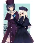  2girls :o alternate_costume animal arm_behind_back bangs bird bird_on_hand black_capelet black_dress black_eyes black_gloves black_hair black_headwear blue_bird border buttons capelet commentary_request company_connection cosplay costume_switch creator_connection crossover dress fate/stay_night fate_(series) fur-trimmed_capelet fur-trimmed_headwear fur-trimmed_sleeves fur_collar fur_hat fur_trim gloves hair_between_eyes hat height_difference highres illyasviel_von_einzbern illyasviel_von_einzbern_(cosplay) kuonji_alice kuonji_alice_(cosplay) long_hair long_sleeves lost_robin_rondo mahou_tsukai_no_yoru multiple_girls nigiri outdoors outside_border purple_capelet purple_dress purple_headwear red_eyes scarf short_hair ushanka white_border white_hair white_scarf 
