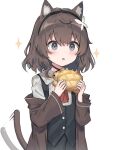  1girl animal_ear_fluff animal_ears bangs black_choker black_hairband black_vest bread brown_hair brown_jacket buttons cat_ears cat_girl choker collared_shirt dot_nose excited food grey_eyes hair_ornament hairband highres holding holding_food jacket long_sleeves looking_at_viewer medium_hair melon_bread original parted_lips satou_(3366_s) shirt simple_background solo sparkle tail tail_wagging vest white_background white_shirt 