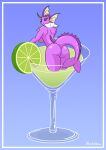  alcohol anthro beverage black_sclera blue_background blueumbra breasts butt buttcheecks cocktail cocktail_glass container cup drinking_glass eeveelution female fin food fruit generation_1_pokemon glass glass_container glass_cup glistening glistening_body gradient_background hi_res humanoid lemon light lime looking_at_viewer looking_back nintendo plant pokemon pokemon_(species) purple_body purple_skin raised_tail rear_view signature simple_background smile smiling_at_viewer snout solo vaporeon video_games 