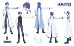  1boy asymmetrical_hair bangs belt black_footwear black_shirt blue_eyes blue_hair blue_scarf boots coat grey_pants headset highres ixima kaito_(vocaloid) kaito_(vocaloid3) knee_boots logo long_coat male_focus multiple_views nail_polish official_art pants reference_sheet scarf see-through shirt short_hair sleeve_cuffs sleeveless sleeveless_turtleneck turnaround turtleneck vocaloid white_coat zipper 