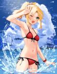  1girl armpits bikini blonde_hair blush breasts collarbone fate/grand_order fate_(series) green_eyes highres long_hair mordred_(fate) mordred_(swimsuit_rider)_(fate) mordred_(swimsuit_rider)_(first_ascension)_(fate) navel ocean one_eye_closed open_mouth outdoors ponytail red_bikini rizu033 small_breasts smile solo stomach swimsuit water wet 