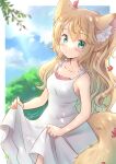  1girl animal_ear_fluff animal_ears artist_name blonde_hair blurry depth_of_field dress fox_ears fox_girl fox_tail green_eyes highres lens_flare long_hair looking_at_viewer minami_kawa original outdoors signature skirt_hold sleeveless sleeveless_dress sundress tail white_dress 