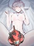  ! !! 1girl antenna_hair bed_sheet blush breasts censored closed_mouth collarbone completely_nude eyelashes glowing glowing_eyes grey_hair hand_on_own_face long_eyelashes looking_at_viewer mecha navel nude orange_eyes original outline pillow pink_eyes pink_lips red_pupils robot sakusakusakurai short_hair sketch smile solo spread_legs sweat tearing_up translation_request white_outline 