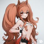  1girl angelina_(arknights) animal_ears arknights bangs bare_arms bare_shoulders black_choker black_shorts breasts brown_eyes brown_hair choker cleavage ett fox_ears grey_background hair_between_eyes hairband highres infection_monitor_(arknights) long_hair looking_at_viewer midriff navel official_alternate_costume parted_lips red_hairband short_shorts shorts simple_background solo sports_bra stomach twintails underboob upper_body very_long_hair wristband 