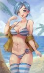  1girl :d bare_shoulders beach bikini blue_eyes blue_hair breasts bulma capsule_corp cleavage dragon_ball dragon_ball_super highres jacket jammeryx navel ocean open_mouth palm_tree sand short_hair smile solo standing striped striped_bikini striped_thighhighs swimsuit thighhighs tree 