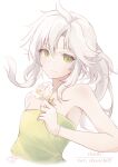  1girl absurdres bare_shoulders bracelet breasts dress eiyuu_densetsu fie_claussell flower green_dress green_eyes highres jewelry medium_hair ponytail rikotch07 rose sen_no_kiseki sen_no_kiseki_iii sen_no_kiseki_iv simple_background small_breasts smile white_background white_flower white_hair white_rose 